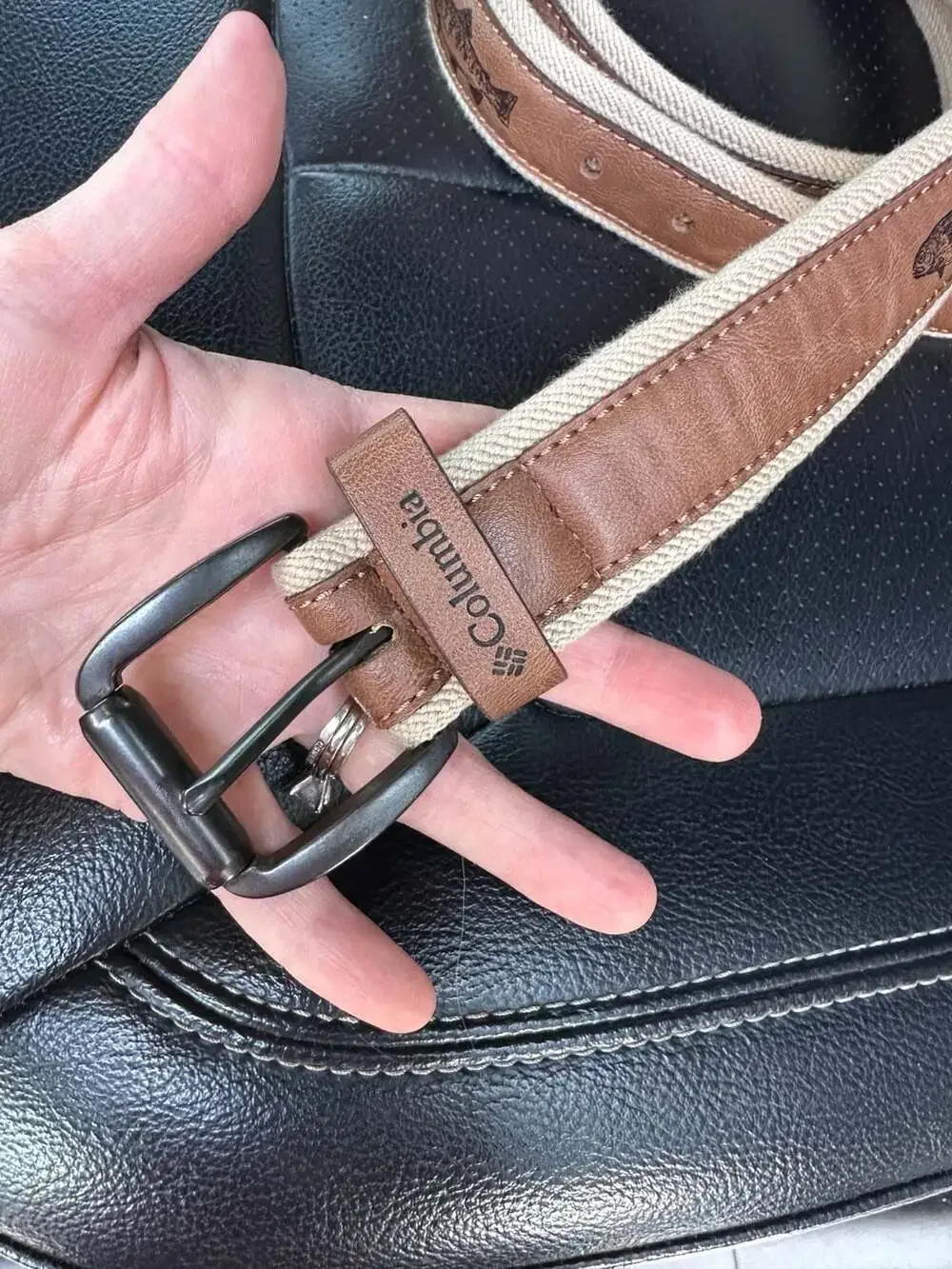 Columbia Men's Casual Fabric Belt with Leather Trim and Fish Design